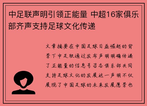 中足联声明引领正能量 中超16家俱乐部齐声支持足球文化传递