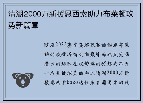 清湖2000万新援恩西索助力布莱顿攻势新篇章