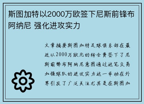 斯图加特以2000万欧签下尼斯前锋布阿纳尼 强化进攻实力