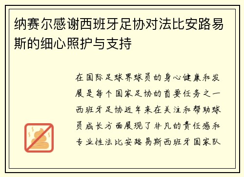纳赛尔感谢西班牙足协对法比安路易斯的细心照护与支持