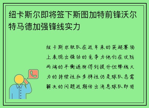 纽卡斯尔即将签下斯图加特前锋沃尔特马德加强锋线实力